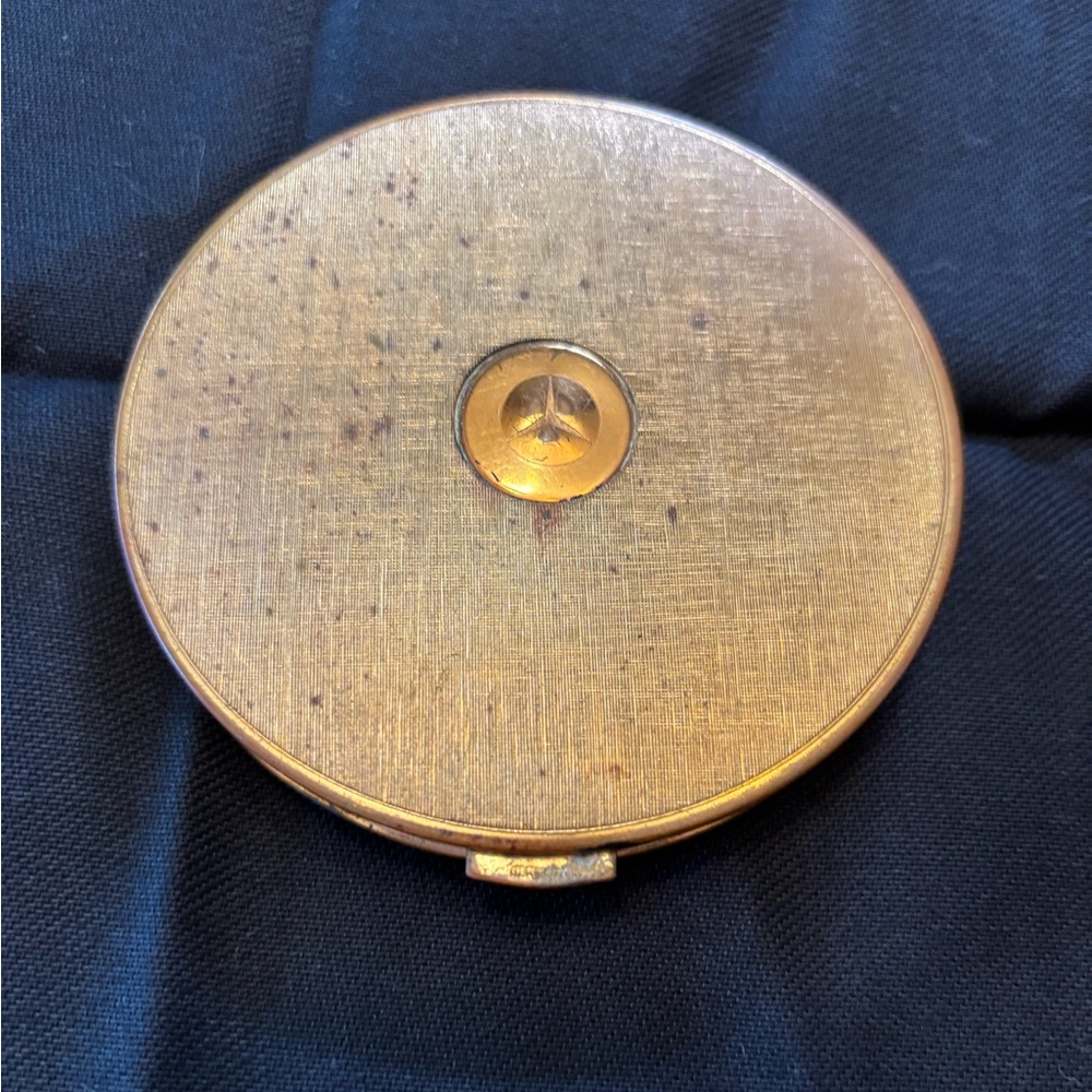 Elegant Brass Toned Compact and Mirror, vintage, Mercedes Benz logo